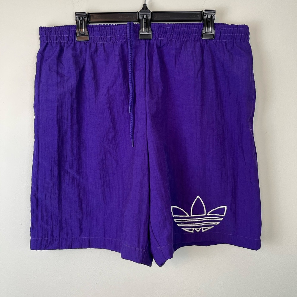 Vintage ADIDAS Logo Embroidered Lined Purple Nylon Drawstring Shorts LARGE